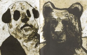 Bruno as man-dog-panda at the beginning of the book and Bruno as bear, after hibernating, at the end.